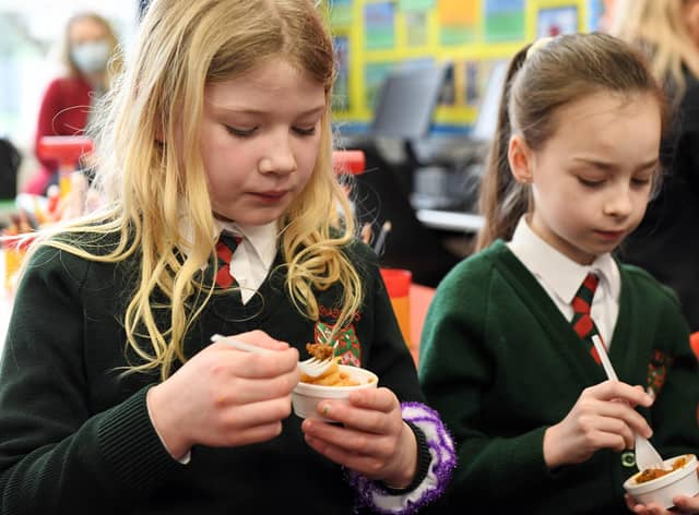 Pupils from Lisnadill Primary School dig into some samples
