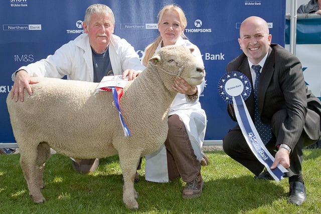Stephen Kane (right), Ulster Bank agri-development manager, presents Robert McAuley and Claire Squires, Dromore, with the champion rare breeds award at Balmoral Show 2010. Picture: Cliff Donaldson