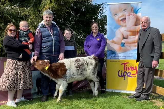 Joanne McNulty and little Finn, Samuel and Michael Moore, Leanne Beatty (Tinylife) and Tom McGuigan (chair of the NI Beef Shorthorn Club), along with the beautiful calf up for raffle.