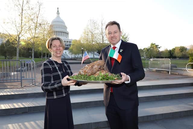 Bord Bia CEO, Tara McCarthy, and Minister for Agriculture, Food and the Marine, Charlie McConalogue T.D., at Capitol Hill in Washington officially launching Irish lamb to the US market