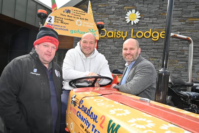 John Corley, lead driver of the London 2 Mayo Vintage Tractor Run, is pictured with Former Ulster and Ireland Rugby captain and Cancer Fund for Children ambassador Rory Best, and the charity’s CEO Phil Alexander. Participants are taking part in the seven day ‘London 2 Mayo’ vintage tractor run which will see them clock up 833km to raise money to help the charity build a second Daisy Lodge in County Mayo