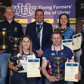 Winners of the Special Cups awards Back row, Luke Simpson, Glarryford YFC, Peter Alexander, YFCU president, Laura Paterson Holestone YFC, and Gareth Ritchie, Ballywalter YFC. Front row, Megan Birney, Trillick and District YFC, and Trent Brown, Seskinore YFC