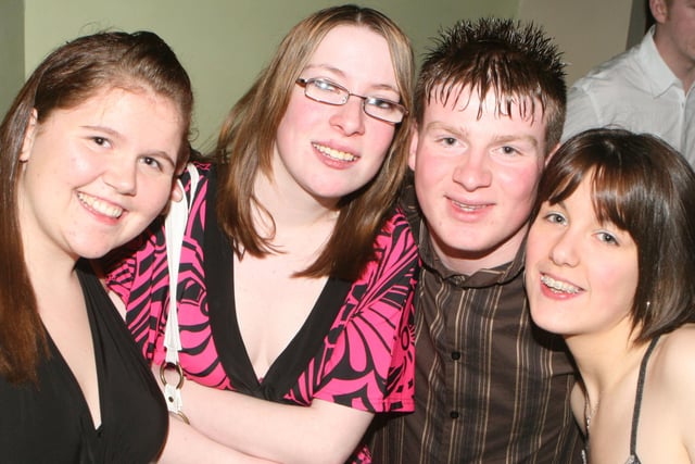 Rachelle Lowry, Neil Redmond, Stacey Rainey and Danielle Neilly at the New Year's Eve Lisnamurrican and Kells disco held at the Fort Royal, Ballymena, in 2008. Pic Kevin McAuley