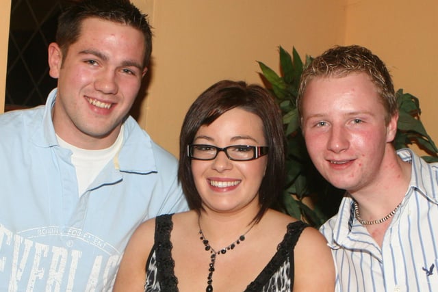 Ryan Montgomery, Lyndsey Montgomery and Peter Allen at the New Year's Eve Lisnamurrican and Kells disco held at the Fort Royal, Ballymena, in 2008. Pic Kevin McAuley