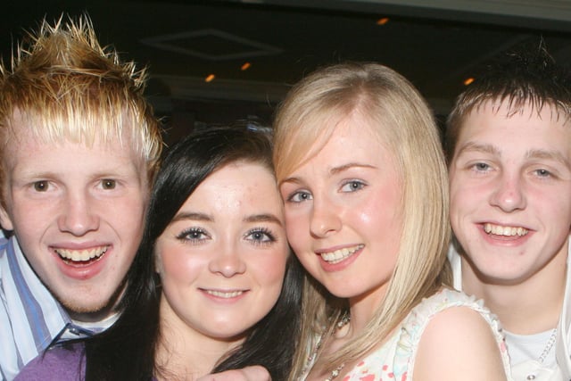 Stephen Saulters, Joanne Andrews, Emma Loughlin and Sam Hamilton at the New Year's Eve Lisnamurrican and Kells disco held at the Fort Royal, Ballymena, in 2008. Pic Kevin McAuley
