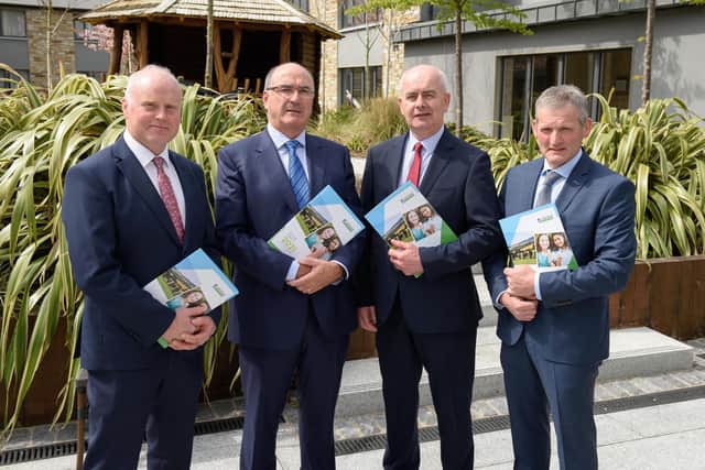 At the AGM of Lakeland Dairies in Cavan were (L-R) Niall Matthews, Chairman, Michael Hanley, Group CEO, Peter Sheridan, Group Chief Financial Officer and Keith Agnew, Vice-Chairman. Photo Rory Geary