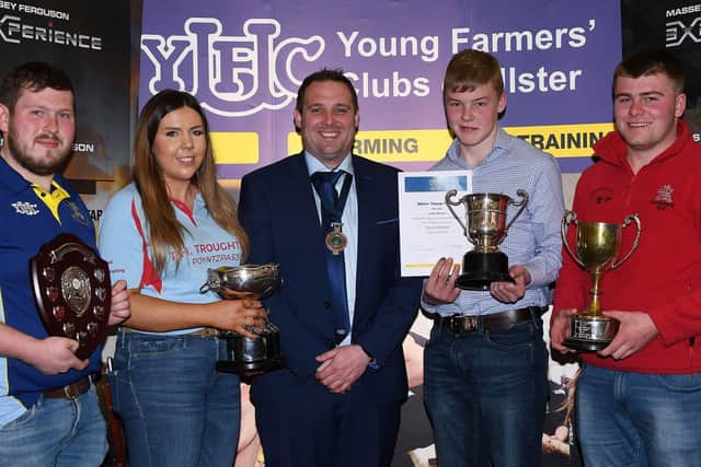 Winners of the 2022 Ulster Young Farmer Competition sponsored by Danske Bank: Mitchell Park (25-30 section and Roberta Simmons Plaque), Glarryford YFC, Sarah Spence, Bleary YFC, (first Poultry and Pigs Marketing Board Trophy) Thomas McAlister, Castlecaufield YFC (overall Junior Young Farmer) and James Currie, Kilraughts YFC (Best U-21 Ulster Young Farmer)