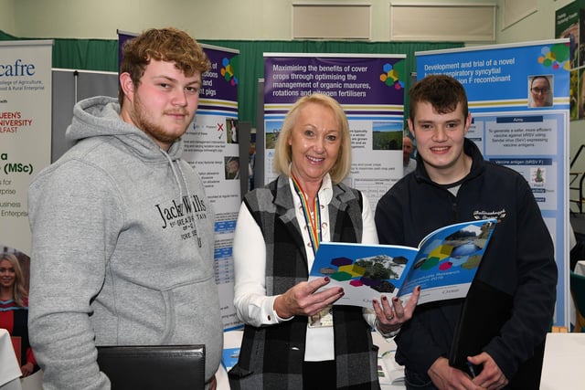 Karen Patterson, DAERA outlines PhD funding opportunities to students Philip Nicholl and Luke Milligan.