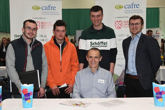 Kevin Henry, BAFRE lecturer and BAFRE student Andrew Pentland outlines details of the MSc Business for Agri-Food and Rural Enterprise programme to Matthew Boyle, Joseph McConvey and James Vance – all final year Sustainable Agriculture degree students.