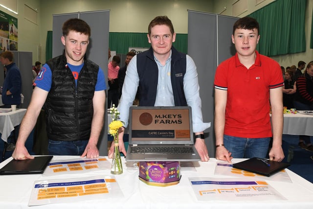 Kyle Boyd from Malcolm Keys Farms with first year Advanced Technical Extended Diploma in Agriculture students, Cathal Donnelly and Scott Boyd.
