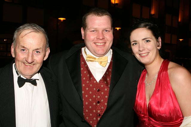 Paddy Scally, Rory Fyfe and Donna McQuillan at the Mid Antrim Hunt Ball in the Clarion Hotel, Carrickfergus, in 2007. Image: Kevin McAuley