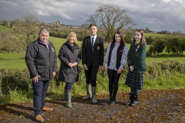 From left, George McWhirter of Certified Irish Angus Producer Group, Kate Thompson, NI Director Duke of Edinburgh/Joint Award, Gordon Porter from Banbridge Academy, Julie Heaney, ABP NI HR and Lucy Donnelly from St Catherine's Grammar School, Armagh marking the link-up between ABP Angus Youth Challenge and the Duke of Edinburgh/Joint Award.