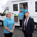 DAERA Minister Edwin Poots and Health Minister Robin Swann announce the delivery of new Farm Family Health Check Programme vehicle at Balmoral Show.  Also pictured are Farm Family Health Check staff - Front Christina Faulkner and back L-R  Helen McCauley, Moyra McMaster and Eileen Irwin.