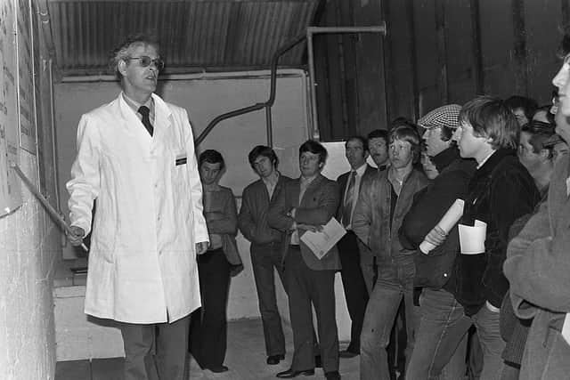 Dr Bill Foster describing the breeding systems and stock selection at the pig open days which were held at Hillsborough in May 1982. Picture: Farming Life/News Letter archives