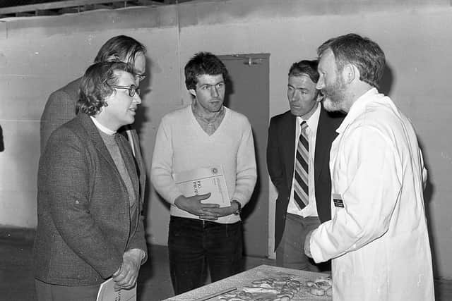 Dr John McCaughey discussing pig reproduction at the pig open days which were held at Hillsborough in May 1982. Picture: Farming Life/News Letter archives