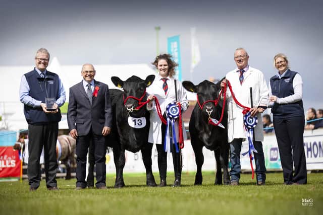 Ivan and Diane Forsythe, Moneymore, won the award for the best pair of Aberdeen Angus heifers with Coltrim Lady Jane X585 and Coltrim Jemma Erica X633. Adding their congratulations are judge Brian Clark, Ayrshire;  sponsors Ronald Annett and Mary Jane Robinson, Thompsons. Picture: MacGregor Photography