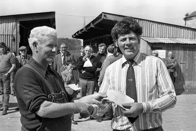 Head stockman Mr Michael Devlin presenting the top Limousin award at the performance test at the Loughall test centre in May 1982 to Mr Johnston of Hillsborough, Co Down. Picture: Farming Life/News Letter archives