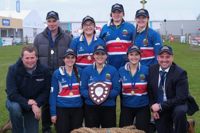 The Lisnamurrican YFC team were the winners of the Ladies Tug of War Competition at Balmoral Show and are pictured here with Phil Donaldson, Thompsons, Sponsor and Peter Alexander, President, YFCU. Photograph: Columba O'Hare/ Newry.ie