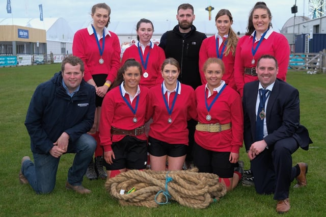 County Armagh Young Farmers came second in the Ladies Tug of War at Balmoral Show. Included with the team are Phil Donaldson, Thompsons, Sponsor and Peter Alexander, President, YFCU. Photograph: Columba O'Hare/ Newry.ie