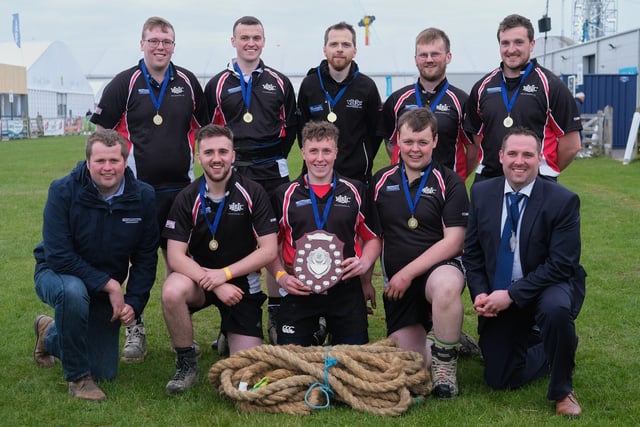 Mountnorris YFC were the winners of the Novice Tug of War Competition at Balmoral Show. Also pictured are Phil Donaldson, Thompson, Sponsor and Peter Alexander, President, YFCU. Photograph: Columba O'Hare/ Newry.ie