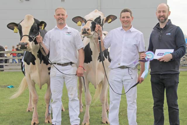 The interbreed dairy pairs championship was won by Peak Chief Fran VG87 exhibited by Martin Millar, Coleraine; and Hilltara Undenied Apple VG88 exhibited by John McCormick, Bangor. Included is Paul Ruegg, Flogas. Picture: Julie Hazelton