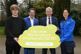 Diarmuid Gavin, Garden Designer and Paul Mooney, Head of Horticulture, CAFRE with Horticulture students Luke Donald (Carrickfergus) and Audrey Tam (Castlerock) at the Horticulture Careers Day held at Greenmount Campus