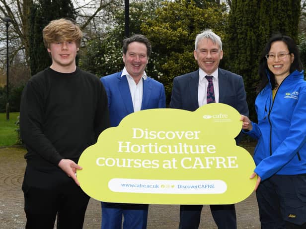 Diarmuid Gavin, Garden Designer and Paul Mooney, Head of Horticulture, CAFRE with Horticulture students Luke Donald (Carrickfergus) and Audrey Tam (Castlerock) at the Horticulture Careers Day held at Greenmount Campus