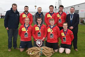 Derg Valley YFC won the advanced title at the YFCU tug of war competition. Left to right, Philip Donaldson, John Thompson and Sons Ltd Representative, Derg Valley YFC and Peter Alexander, YFCU president