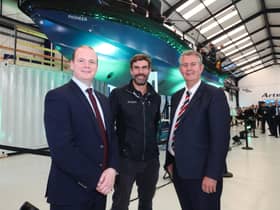 DAERA Minister Edwin Poots, MLA pictured with Economy Minister Gordon Lyons, MLA and CEO of Artemis Technologies, Dr Iain Percy OBE at the Artemis eFoiler Belfast Showcase.