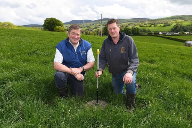 David Hunter with CAFRE Dairy Adviser Trevor Alcorn discussing the impact grass measurement can have on quality and yield in the run up to events on David’s farm in Newtownstewart.