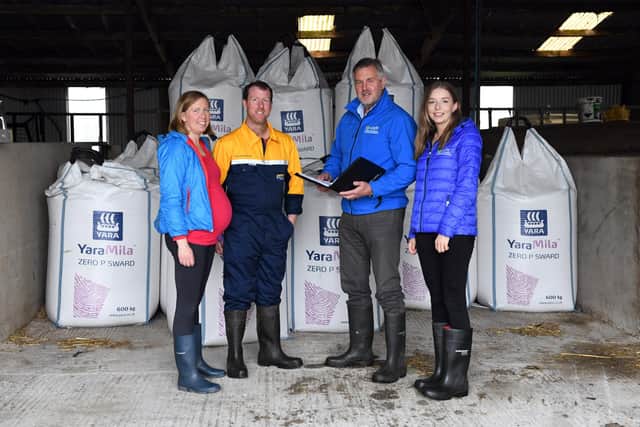 Matthew Workman pictured with his wife Helen and CAFRE Senior Adviser Alan Agnew and CAFRE Adviser Elizabeth Calvin discussing fertiliser response and application rates, which will be a major focus of upcoming CAFRE events in Aghadowey.