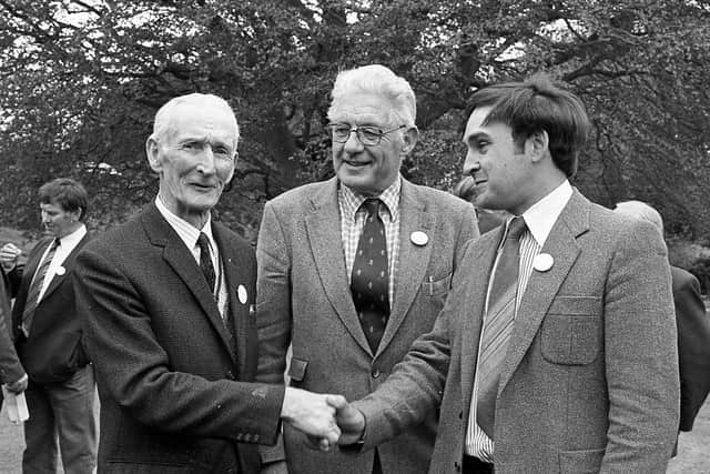 Greenmount Old Boys reunion May 1982: One of the features of the Greenmount Association’s 50th anniversary celebrations was a reunion for founder members at the college. Mr Matt Boyd, centre, principal, with Mr James Gardiner and Alex Irwin. Picture: Farming Life/News Letter archives