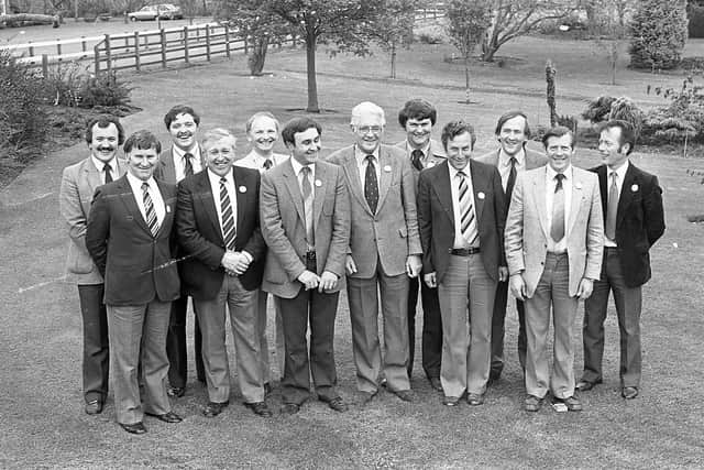 Greenmount Old Boys reunion May 1982: One of the features of the Greenmount Association’s 50th anniversary celebrations was a reunion for founder members at the college. Mr Matt Boyd, principal, and Andrew Hunter, college farm manager, with members of the staff. Picture: Farming Life/News Letter archives