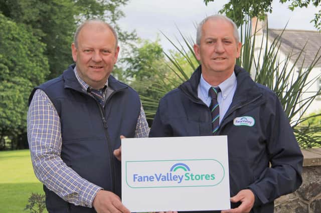 Fane Valley Stores has pledged its support for the NI National Simmental Show. Trevor Nesbitt, right, Fane Valley Stores, is pictured discussing plans for the event with NI Simmental Club committee member Matthew Cunning. PIcture: Julie Hazelton
