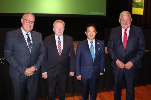 The line-up of speakers at the official opening of the World PotatoCongress: CEO of WPC, Raymond Cools; EU Agriculture Commissioner, Janusz Wojciechowski; FAO Director-General QU Dongyu; and Michael Hoey, president Irish Potato Federation