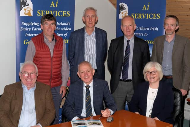 The directors of AI Services photographed at the company AGM this
week, - front row from left Drew McConnell, vice chair, Robin Irvine,
Chairman and Oonagh Chesney. Back row Peter Conway, Gerard Rainey, Sinclair Mayne and Gary Watson.