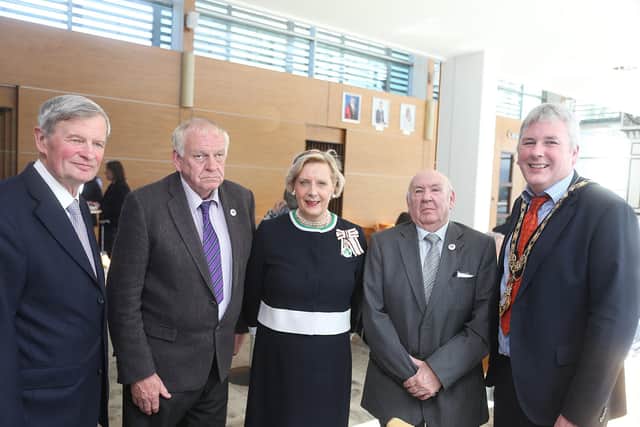 The Mayor of Causeway Coast and Glens Borough Council Councillor Richard Holmes pictured with representatives of Building Ballysally Together, along with the Lord Lieutenant of County Antrim Mr David McCorkell and the Lord Lieutenant of County Londonderry Mrs Alison Millar at the reception held in Cloonavin for recipients of the Queen’s Award for Voluntary Service.