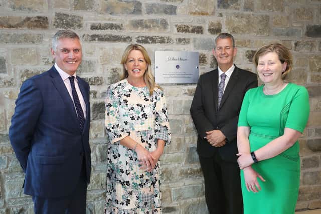 Brian Doherty, Deputy Secretary, Central Services and Contingency Planning Group, DAERA; Fiona McCandless Deputy Secretary, Central Services and Rural Affairs Group, DAERA; DAERA Minister Edwin Poots MLA and DAERA Permanent Secretary Katrina Godfrey are pictured at the official renaming ceremony of DAERA’s headquarter building to Jubilee House, to mark the Queen’s Platinum Jubilee.