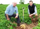 North Down potato grower Hugh Chambers (left) and Wilson's Countryagronomist Stuart Meredith discussing the exemplary quality of thisyear's Comber earlies. The new season potatoes are in the shops now