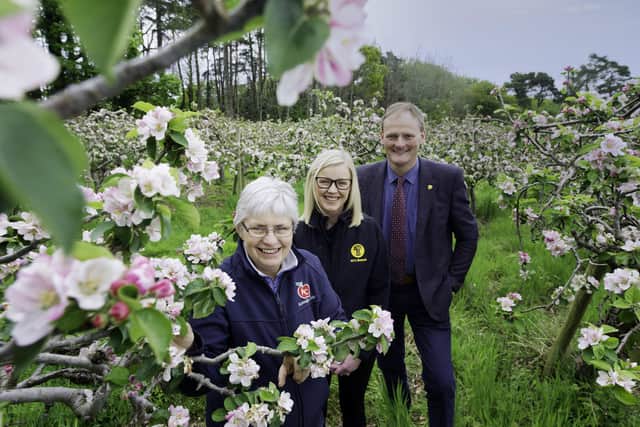 Pictured is NFU Mutual Sales Manager Lauren Hamilton, Helen Troughton from participating farm Armagh Apple Farm at Ballinteggart House and Ulster Farmers’ Union President David Brown