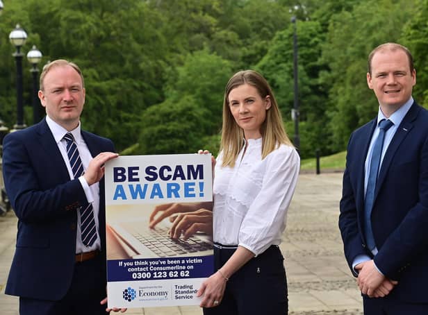 Economy Minister Gordon Lyons pictured with Damien Doherty, Chief Trading Standards Officer for Northern Ireland and Trading Standards Area Inspector Linda Houston at the launch of the National Scams Awareness Campaign which runs from 13 to 26 June 2022.