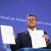 Maroš Šefcovic, Vice-President of the European Commission in charge of Interinstitutional relations and Foresight, gives a press conference on the Protocol on Ireland and Northern Ireland.