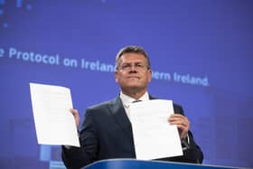 Maroš Šefcovic, Vice-President of the European Commission in charge of Interinstitutional relations and Foresight, gives a press conference on the Protocol on Ireland and Northern Ireland.