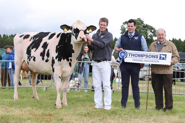 Thompsons Dairy Cow qualifier David Simpson pictured with Brian King NISA and Nathan Harvey from Thompsons at Armagh Show.