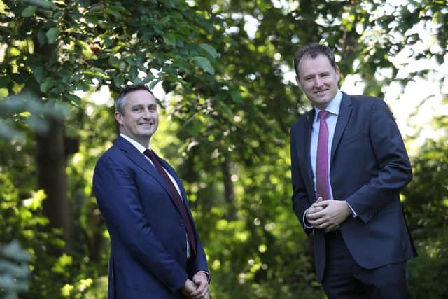 Eoin Lowry, Head of Agri Sector, Bank of Ireland, is pictured with the Minister for Agriculture, Charlie McConalogue TD, at the launch of the new €100m Agri Assist loan fund. Bank of Ireland is the first Irish bank to bring this new fund to market, which has been specifically designed to support farmers dealing with the rapidly increasing cost of farm inputs such as feed and fertiliser. Photography courtesy of Julien Behal.