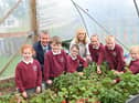 Environment Minister Edwin Poots and Education Minister Michelle McIveen pictured with pupils at Queen Elizabeth II Primary School in Pomeroy, County Tyrone.