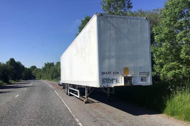 A white 40ft lorry trailer was parked on the hard shoulder on the A29 Armagh to Keady Road.