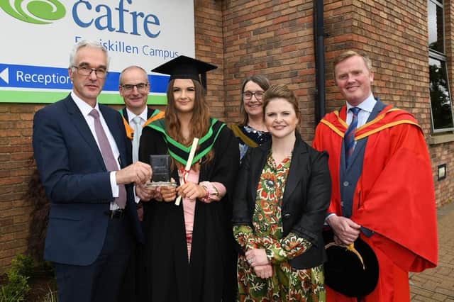 The DAERA Prize for the top Honours Degree Equine Management student was presented to Evlin Berkley (Carrick-on-Shannon) at the CAFRE Enniskillen Campus Graduation Ceremony. Pictured with Evlin is the Platform Party: Norman Fulton (Deputy Secretary, DAERA), Martin McKendry (CAFRE Director), Jane Elliott (Head of Equine CAFRE), Carol Nolan (Horse Racing Ireland), Professor David Hassan (Ulster University).