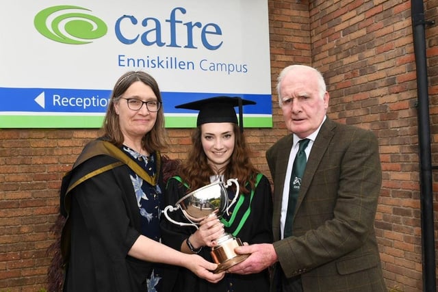 Caroline Simpson (Lisburn) received the Irish Draught Horse Society (Northern Region) Cup presented for the best dissertation from Tom McGuigan, IHDS Chairman, when she graduated with a BSc (Hons) Degree in Equine Management. Looking on is Jane Elliott (Head of Equine at CAFRE Enniskillen Campus).