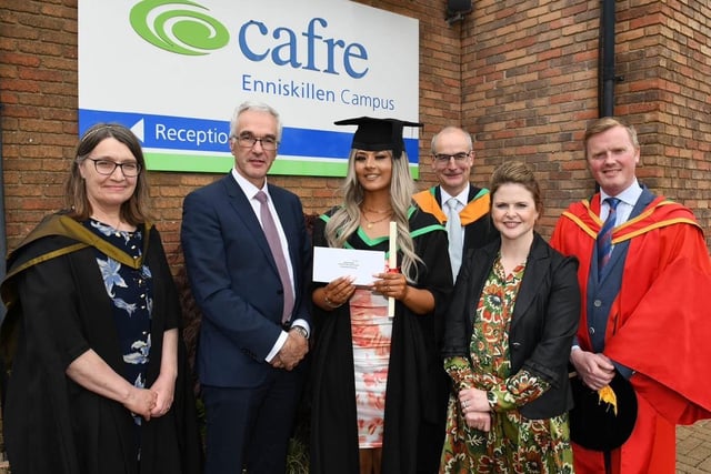 The DAERA Prize for the top final year Foundation Degree in Equine Management student was presented to Carvahlo Sterling (Carrigallen, Co. Leitrim) at the CAFRE Enniskillen Campus Graduation Ceremony. Pictured with Carvahlo is the platform party Jane Elliott (Head of Equine CAFRE), Norman Fulton (Deputy Secretary, DAERA), Martin McKendry (CAFRE Director), Carol Nolan (Horse Racing Ireland), Professor David Hassan (Ulster University).